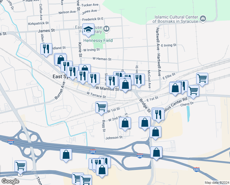 map of restaurants, bars, coffee shops, grocery stores, and more near 127 West Manlius Street in East Syracuse