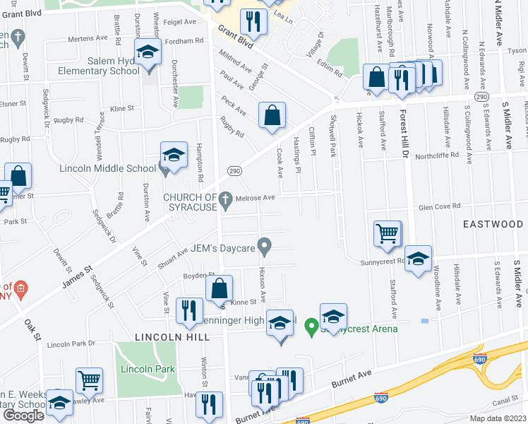 map of restaurants, bars, coffee shops, grocery stores, and more near 227 Hixson Avenue in Syracuse