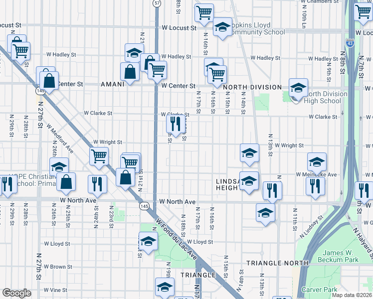 map of restaurants, bars, coffee shops, grocery stores, and more near 2454 North 18th Street in Milwaukee