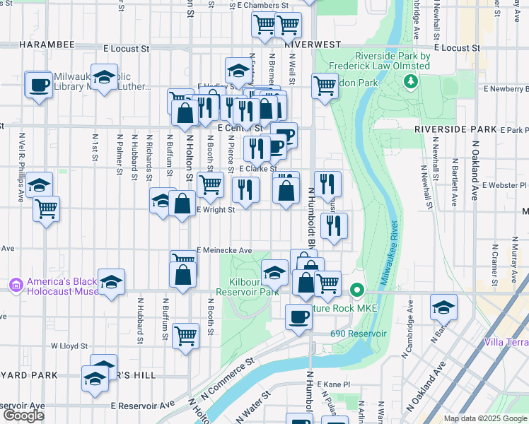 map of restaurants, bars, coffee shops, grocery stores, and more near 825 East Wright Street in Milwaukee