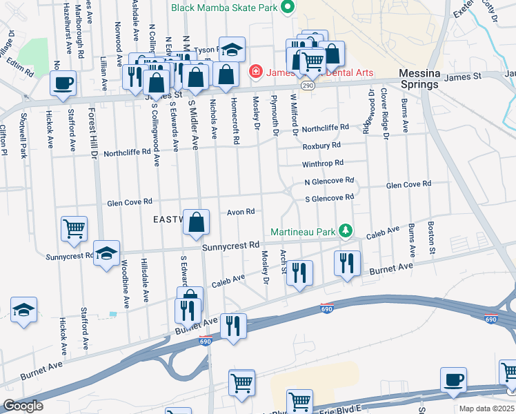 map of restaurants, bars, coffee shops, grocery stores, and more near 161 Avon Road in Syracuse