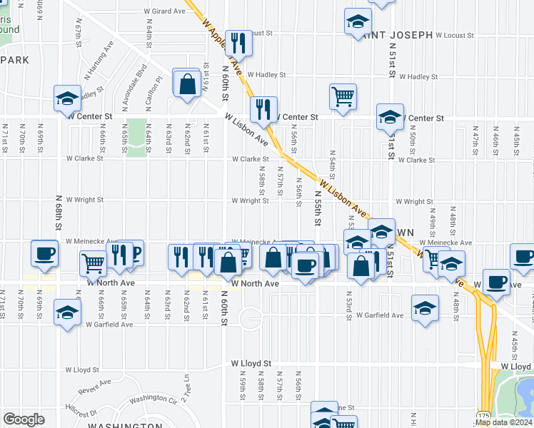 map of restaurants, bars, coffee shops, grocery stores, and more near 2454 North 58th Street in Milwaukee