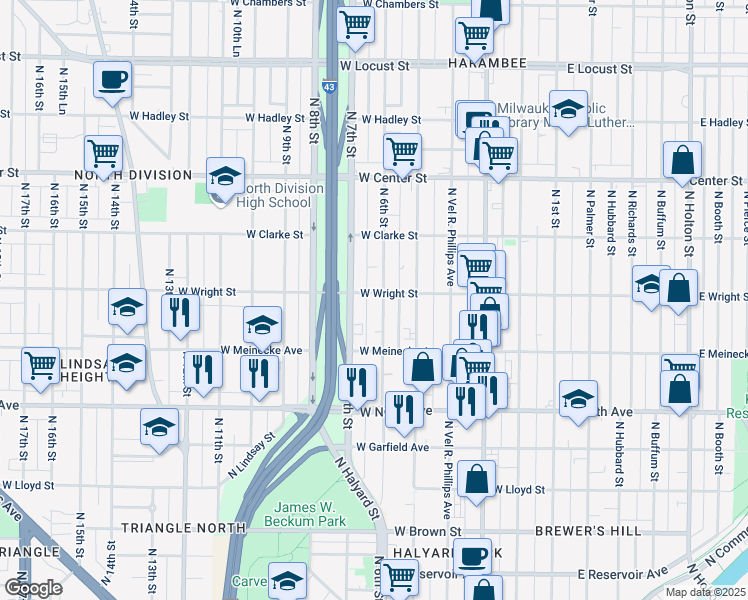 map of restaurants, bars, coffee shops, grocery stores, and more near 2479 North 6th Street in Milwaukee