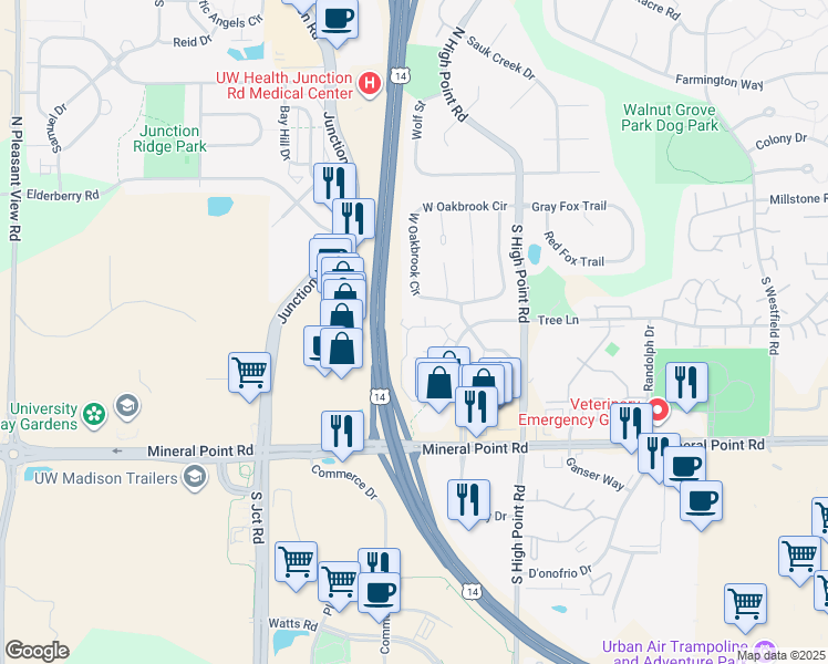 map of restaurants, bars, coffee shops, grocery stores, and more near 33 West Oakbridge Court in Madison