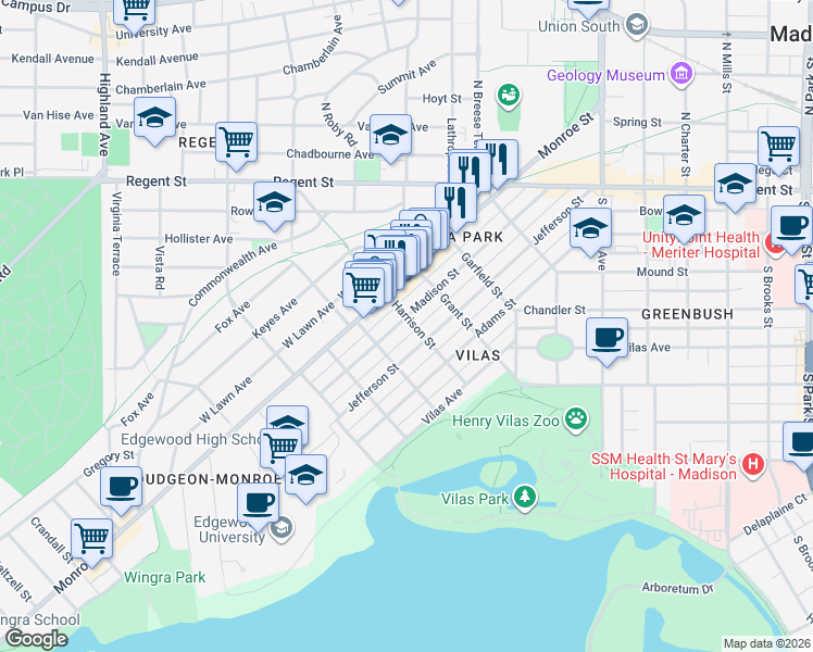 map of restaurants, bars, coffee shops, grocery stores, and more near 1904 Jefferson Street in Madison