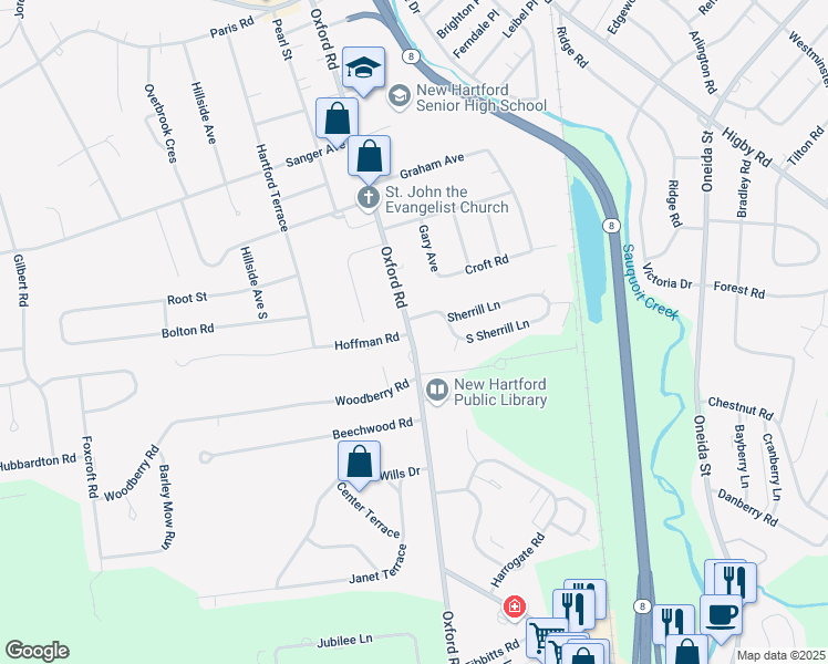 map of restaurants, bars, coffee shops, grocery stores, and more near 121 Oxford Road in New Hartford
