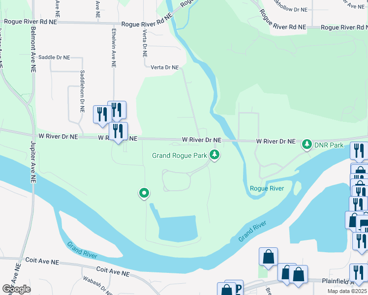 map of restaurants, bars, coffee shops, grocery stores, and more near 2940 Grand Isle Drive Northeast in Plainfield charter Township