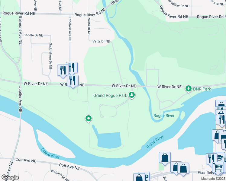 map of restaurants, bars, coffee shops, grocery stores, and more near 2940 Grand Isle Drive Northeast in Plainfield charter Township