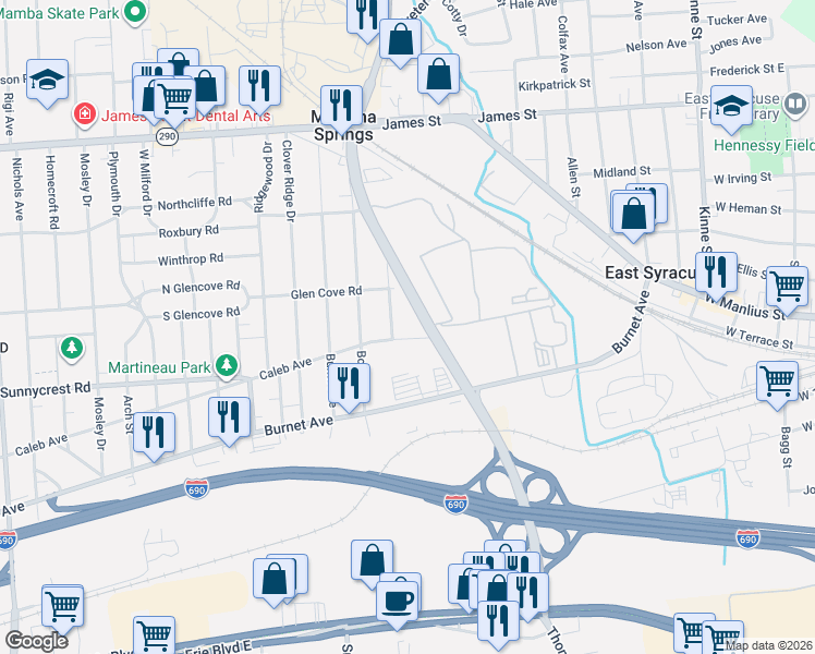map of restaurants, bars, coffee shops, grocery stores, and more near 1927 Caleb Avenue in Syracuse
