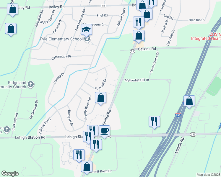 map of restaurants, bars, coffee shops, grocery stores, and more near 4455 West Henrietta Road in Henrietta