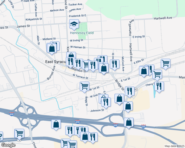map of restaurants, bars, coffee shops, grocery stores, and more near 135 West Manlius Street in East Syracuse