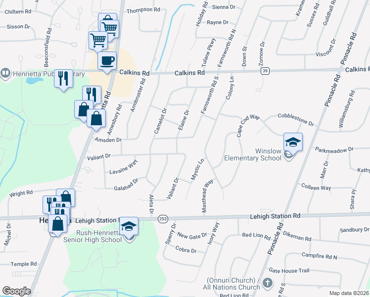 map of restaurants, bars, coffee shops, grocery stores, and more near 178 Valiant Drive in Rochester