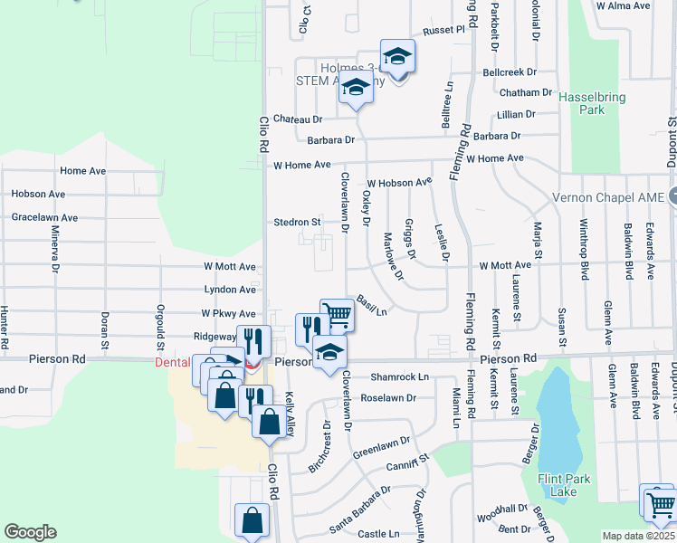 map of restaurants, bars, coffee shops, grocery stores, and more near 5509 Cloverlawn Drive in Flint