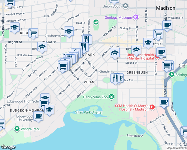 map of restaurants, bars, coffee shops, grocery stores, and more near in Madison