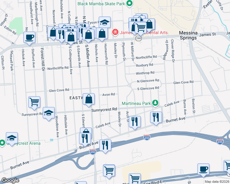 map of restaurants, bars, coffee shops, grocery stores, and more near 161 Avon Road in Syracuse
