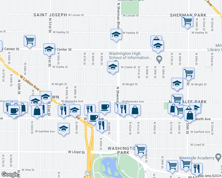 map of restaurants, bars, coffee shops, grocery stores, and more near 2460 North 44th Street in Milwaukee