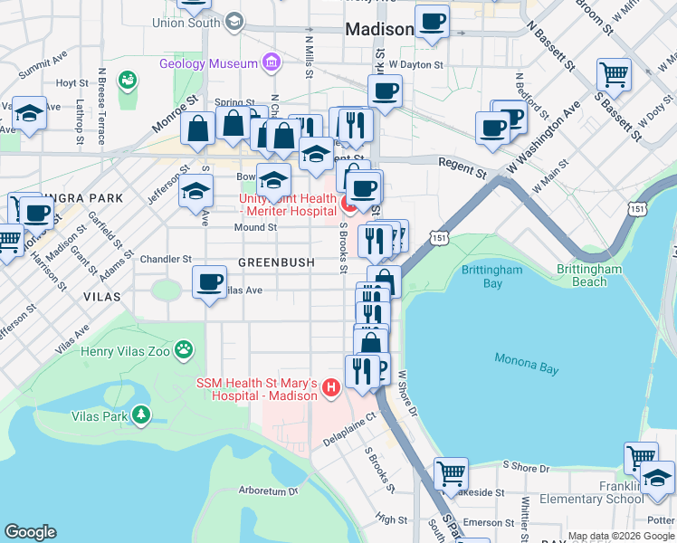 map of restaurants, bars, coffee shops, grocery stores, and more near 1014 Vilas Avenue in Madison