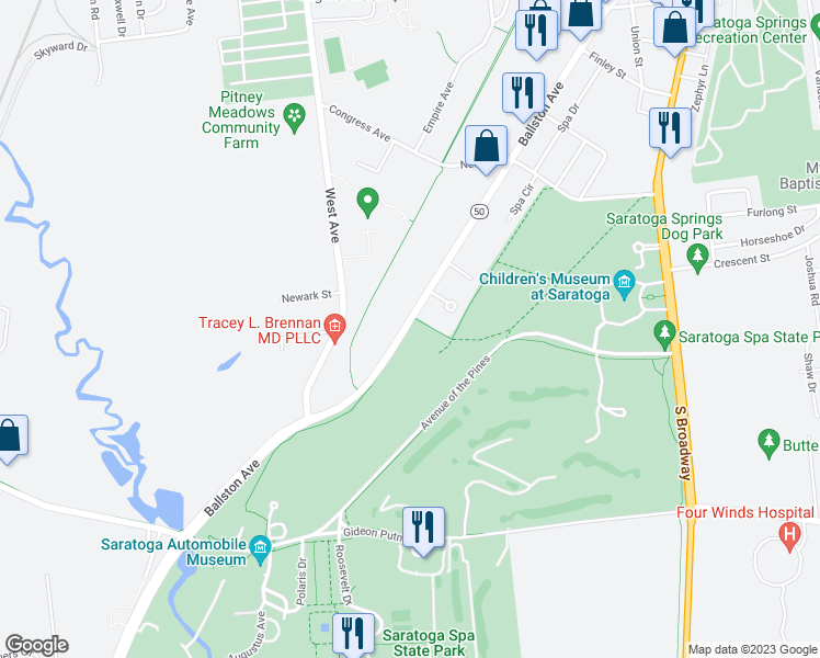 map of restaurants, bars, coffee shops, grocery stores, and more near 328 Ballston Avenue in Saratoga Springs