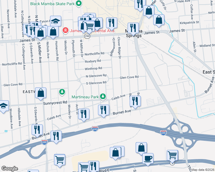 map of restaurants, bars, coffee shops, grocery stores, and more near 123 Aberdeen Terrace in Syracuse