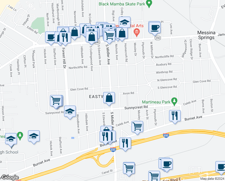 map of restaurants, bars, coffee shops, grocery stores, and more near 324 Nichols Avenue in Syracuse
