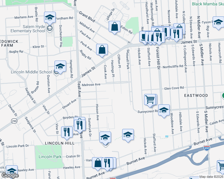 map of restaurants, bars, coffee shops, grocery stores, and more near 211 Hastings Place in Syracuse