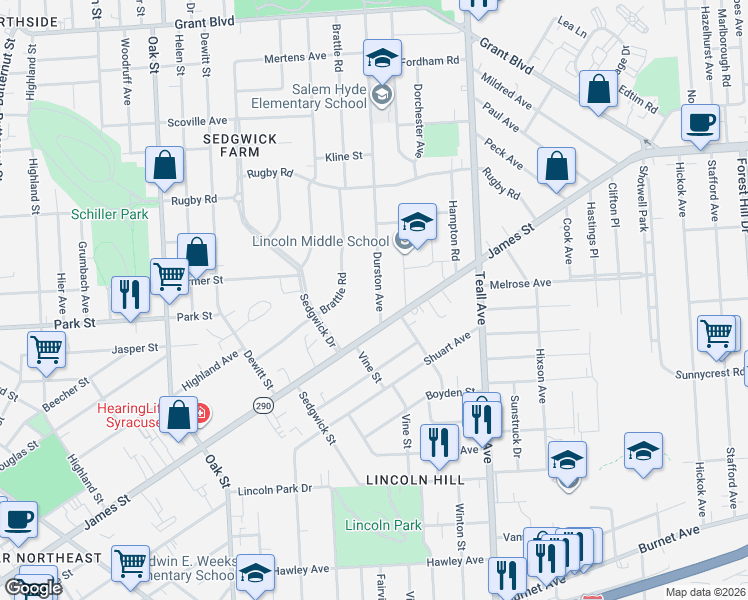 map of restaurants, bars, coffee shops, grocery stores, and more near 1507 James Street in Syracuse