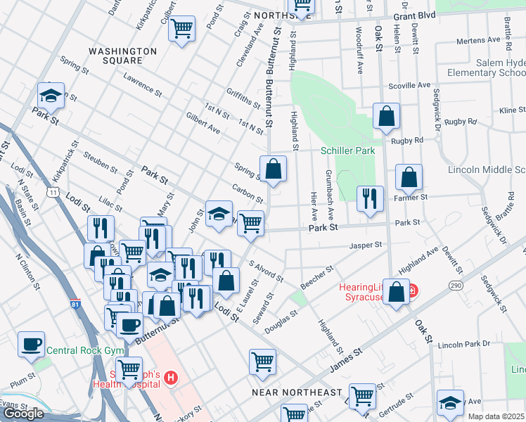 map of restaurants, bars, coffee shops, grocery stores, and more near 924 Butternut Street in Syracuse
