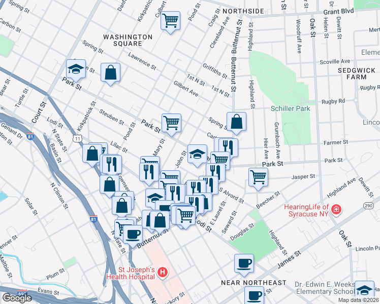 map of restaurants, bars, coffee shops, grocery stores, and more near 156 John Street in Syracuse
