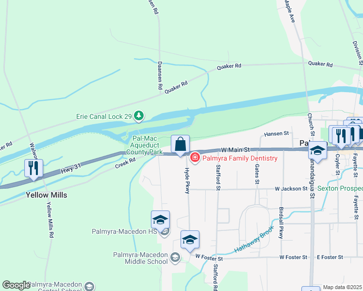 map of restaurants, bars, coffee shops, grocery stores, and more near 526 West Main Street in Palmyra
