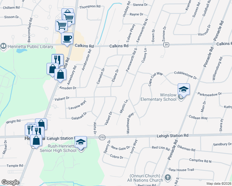 map of restaurants, bars, coffee shops, grocery stores, and more near 178 Valiant Drive in Rochester