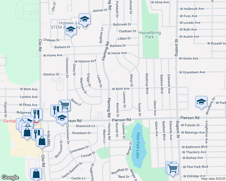 map of restaurants, bars, coffee shops, grocery stores, and more near 5510 Kermit Street in Flint