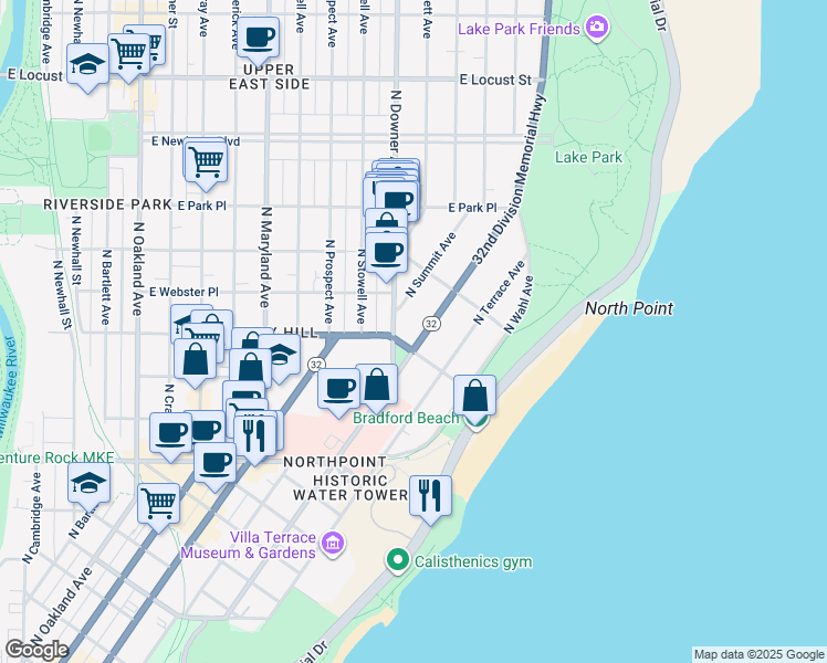 map of restaurants, bars, coffee shops, grocery stores, and more near in Milwaukee