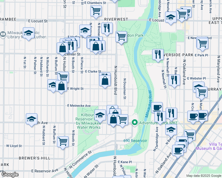 map of restaurants, bars, coffee shops, grocery stores, and more near 1013 East Wright Street in Milwaukee