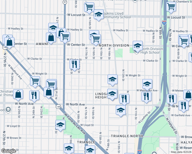 map of restaurants, bars, coffee shops, grocery stores, and more near 2463 North 15th Street in Milwaukee