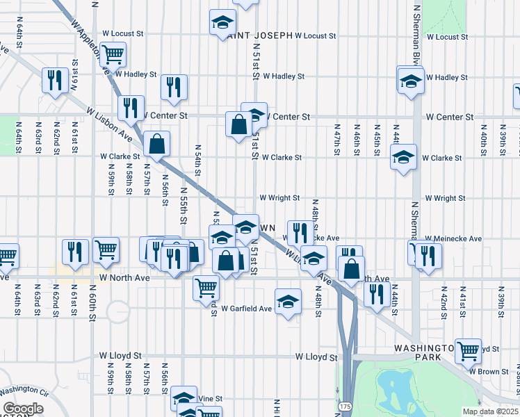 map of restaurants, bars, coffee shops, grocery stores, and more near 2447 North 50th Street in Milwaukee