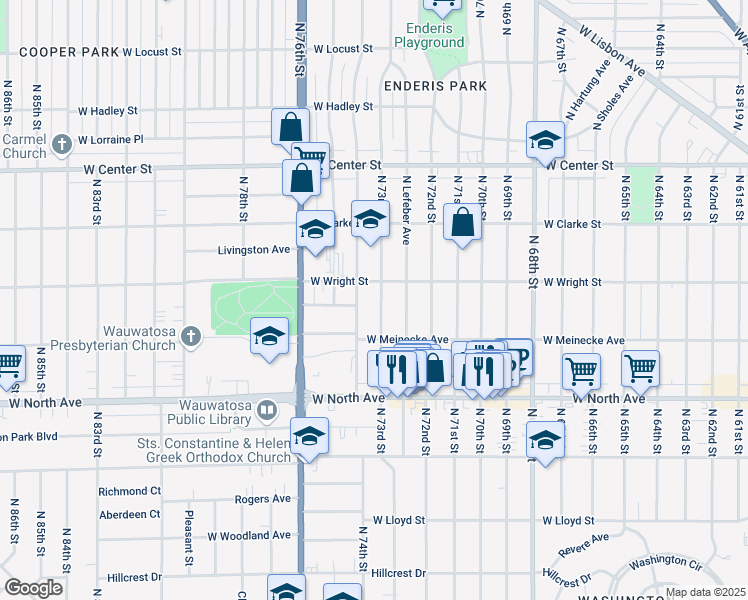 map of restaurants, bars, coffee shops, grocery stores, and more near 2436 North 74th Street in Wauwatosa