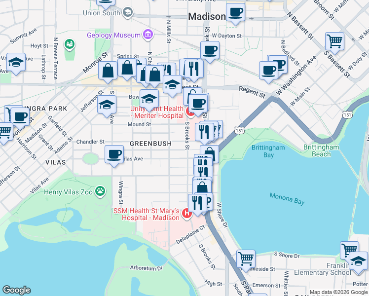 map of restaurants, bars, coffee shops, grocery stores, and more near 1014 Vilas Avenue in Madison