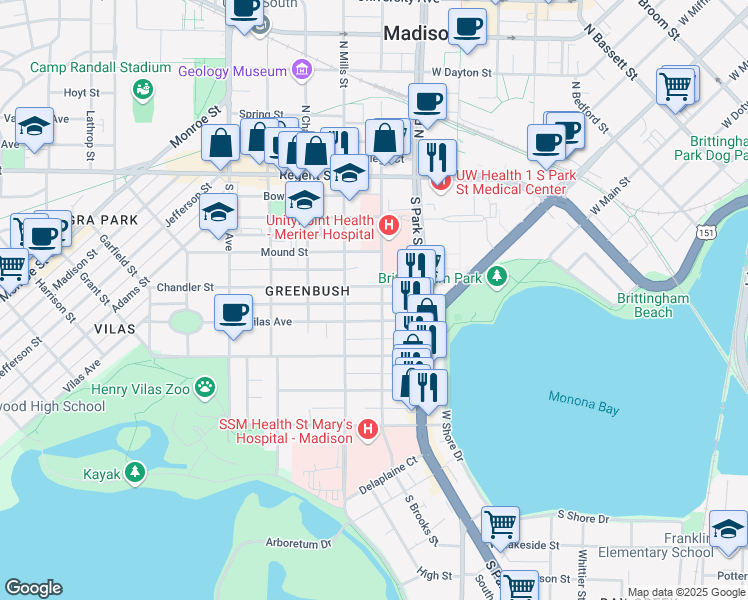 map of restaurants, bars, coffee shops, grocery stores, and more near 1014 Vilas Avenue in Madison