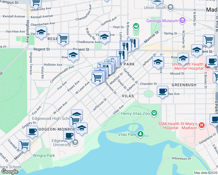 map of restaurants, bars, coffee shops, grocery stores, and more near 1904 Jefferson Street in Madison