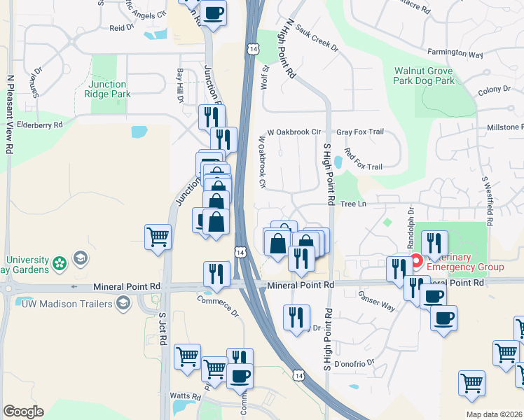 map of restaurants, bars, coffee shops, grocery stores, and more near 33 West Oakbridge Court in Madison