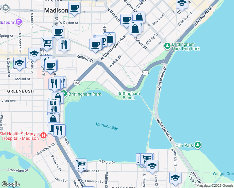 map of restaurants, bars, coffee shops, grocery stores, and more near 157 South Brittingham Place in Madison
