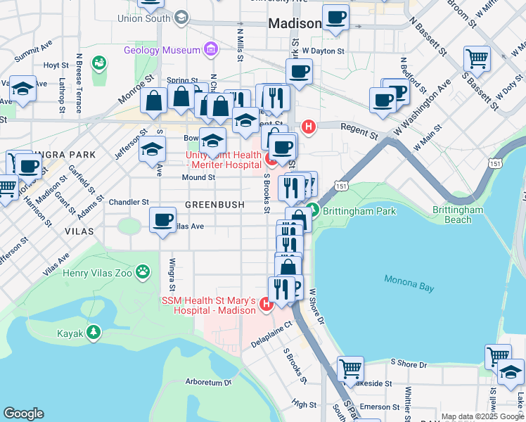 map of restaurants, bars, coffee shops, grocery stores, and more near 1014 Vilas Avenue in Madison