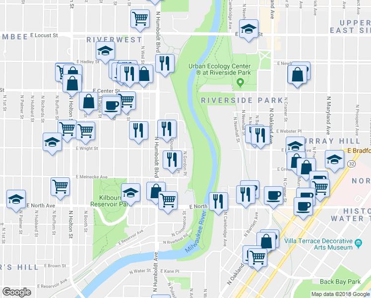 map of restaurants, bars, coffee shops, grocery stores, and more near E Wright St & N Gordon Pl in Milwaukee