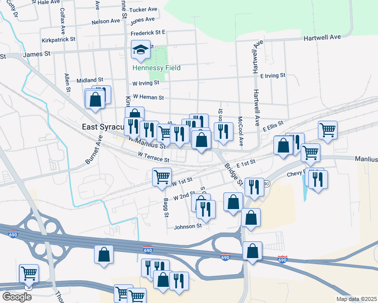 map of restaurants, bars, coffee shops, grocery stores, and more near 121 West Manlius Street in East Syracuse