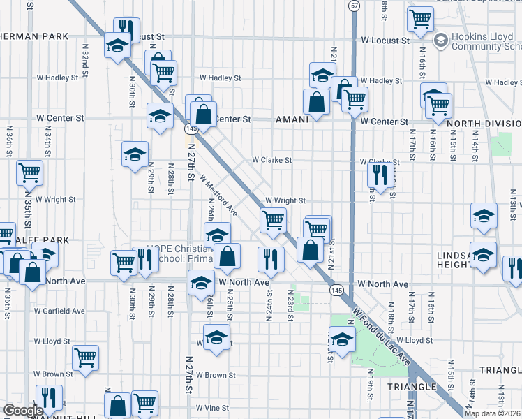 map of restaurants, bars, coffee shops, grocery stores, and more near 2419 West Fond du Lac Avenue in Milwaukee