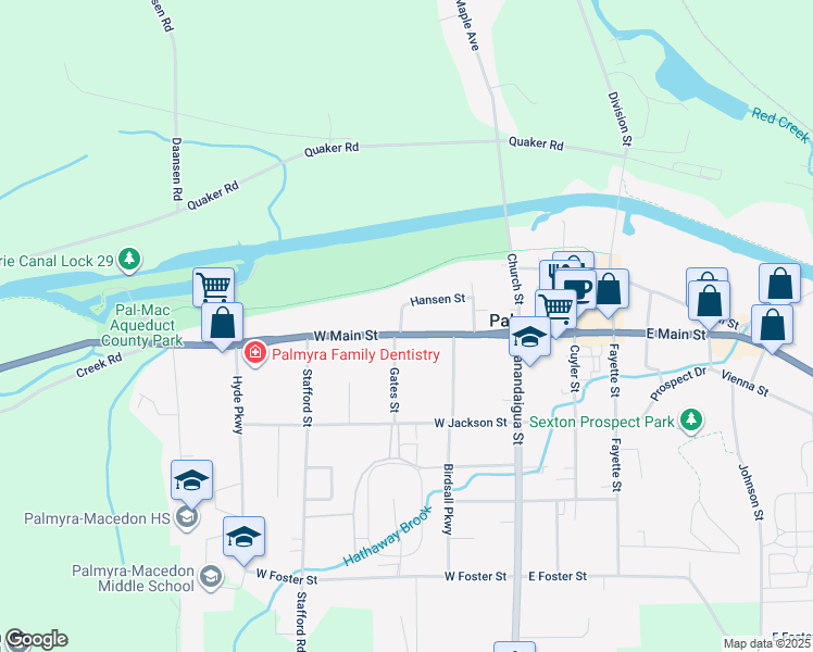 map of restaurants, bars, coffee shops, grocery stores, and more near 235 West Main Street in Palmyra
