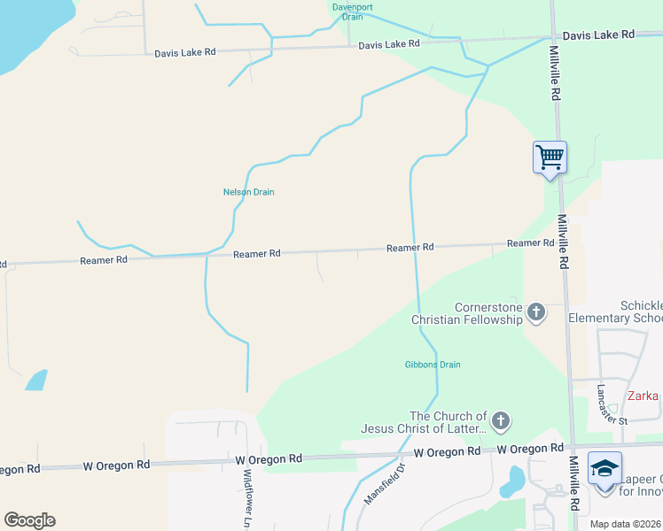 map of restaurants, bars, coffee shops, grocery stores, and more near 3291 Reamer Road in Lapeer