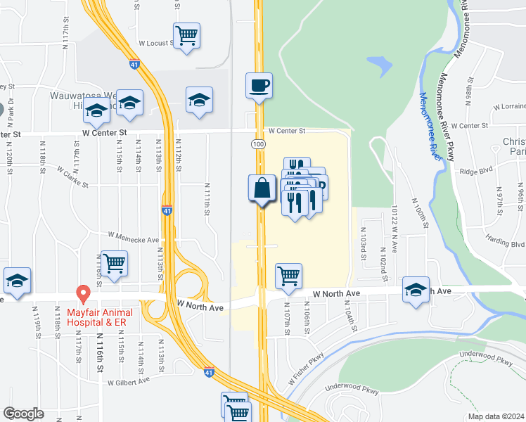 map of restaurants, bars, coffee shops, grocery stores, and more near North Mayfair Road in Wauwatosa