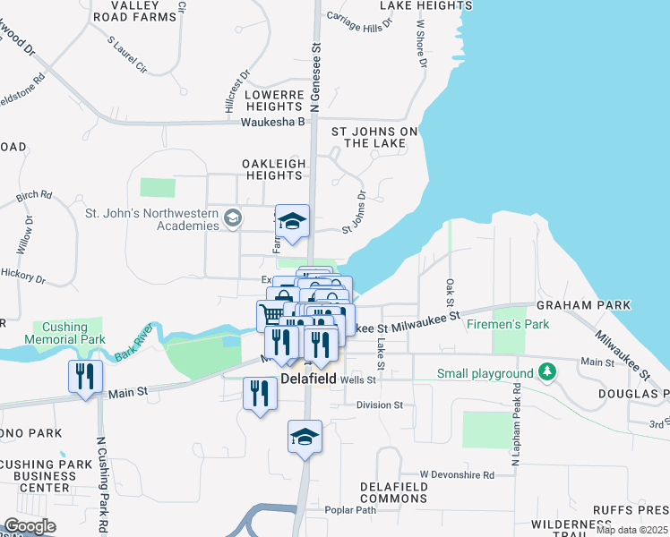 map of restaurants, bars, coffee shops, grocery stores, and more near 417-425 Main St in Delafield