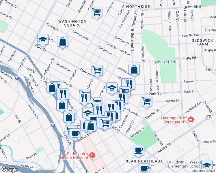 map of restaurants, bars, coffee shops, grocery stores, and more near 156 John Street in Syracuse